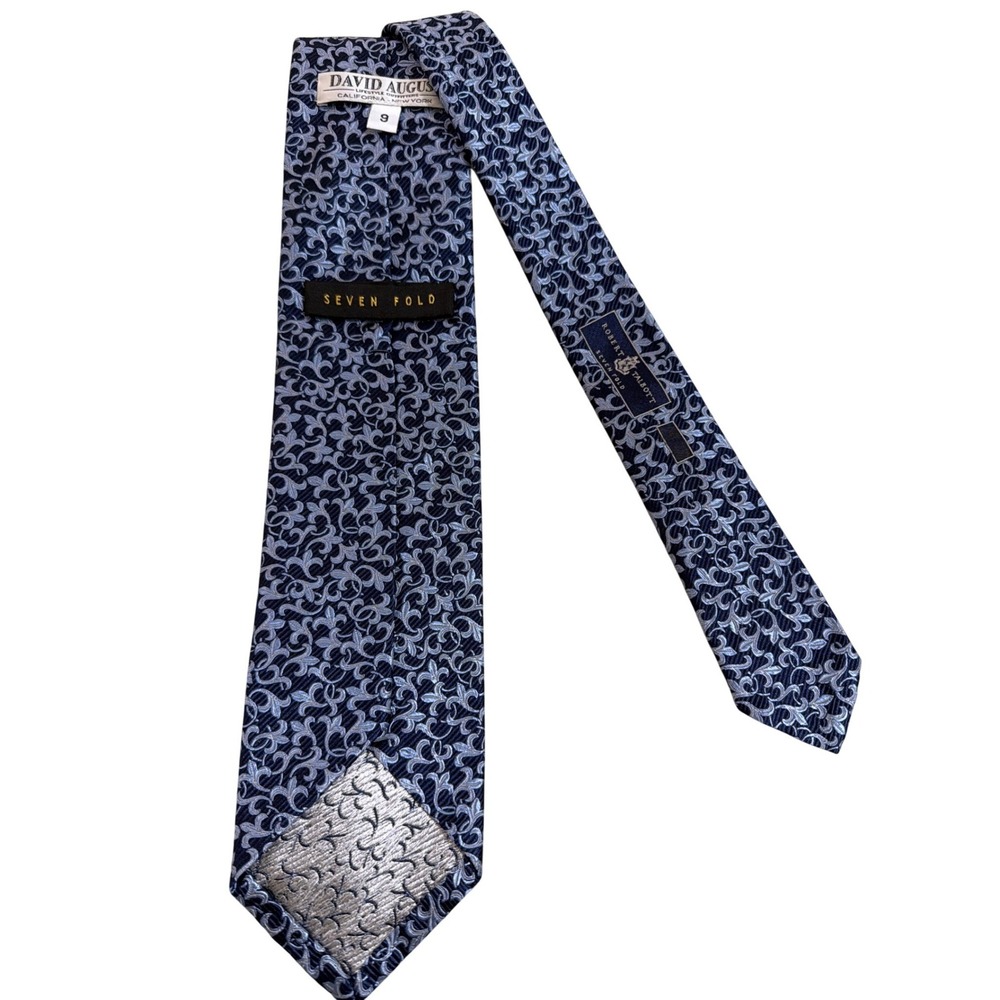David August Necktie Mens 9 Blue Silver Seven Fold Silk Woven in Italy Hand Sewn